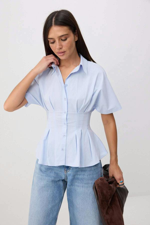 WOVCOR Pleated Detail Fitted Short Sleeve Shirt