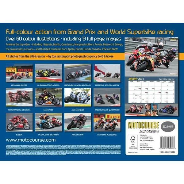 Motocourse A3 Calendar 2027, Wall Calendars, Month To View, Sports, Gift
