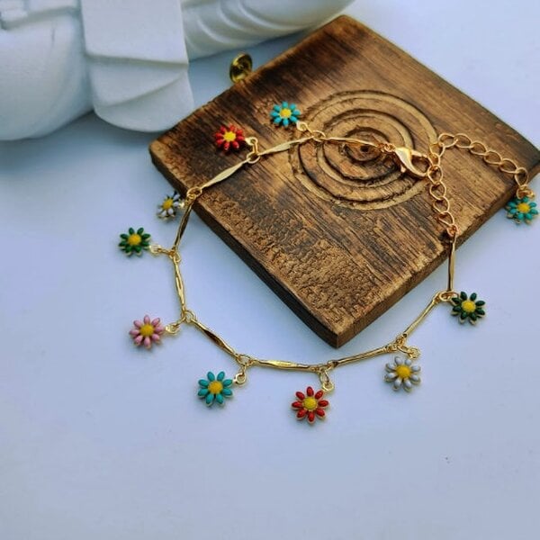 The Colourful Aura Colourful Rainbow Sun Flower Dangle Indie Boho Daisy Floral Charms Bracelet