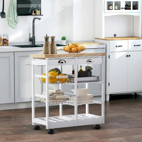 White kitchen trolley cart with sink and open storage shelves