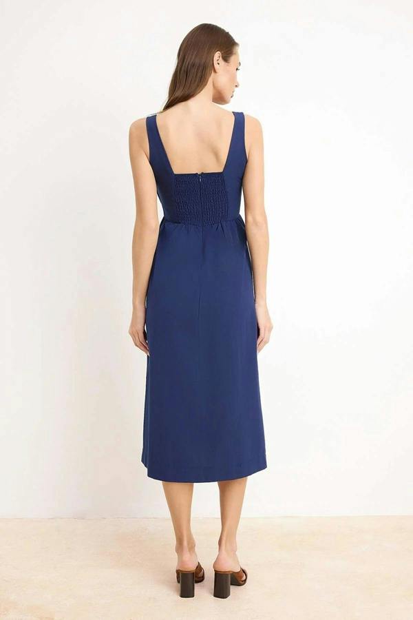 Square Neck Thick Strap Midi Dress with Corset Seam Detail