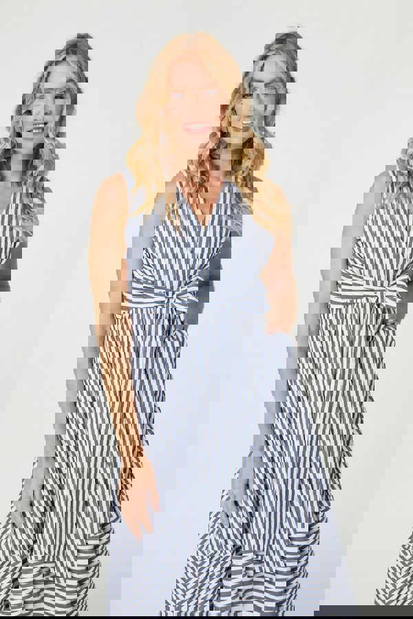 Navy | Striped Tie Waist Tiered Midi Dress