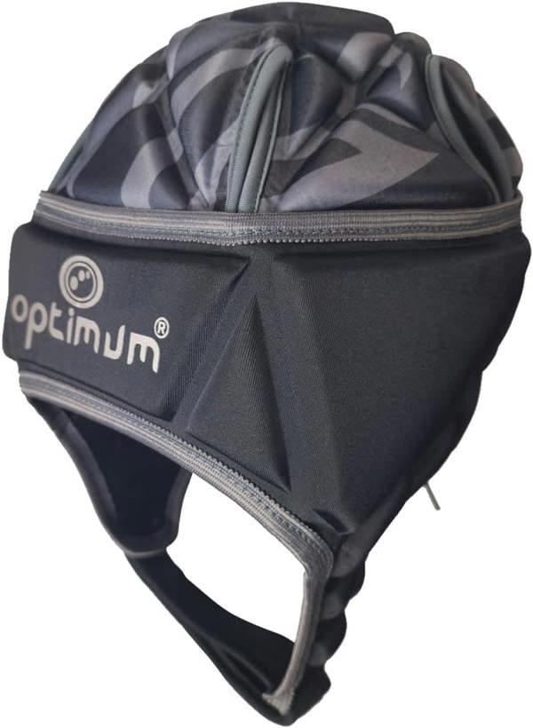 Black Optimum rugby headguard with grey camo top, side logo, grey trim and chin strap, angled view on white - Optimum