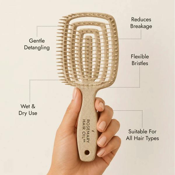 Beige hairbrush with 'Rosemary Hair Oil Co.' branding on a beige background, detangle brush, tangle teaser, flexi brush, benefits