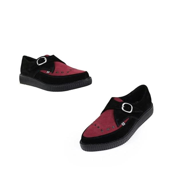 TUK Footwear TUK Pointed Creeper Black Burgundy Suede Monk Buckle Platform Shoes - A9592