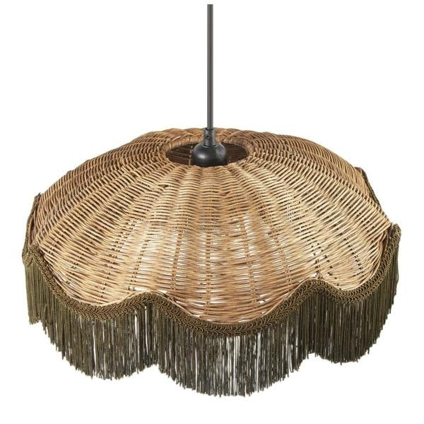 Woven Rattan Pendant Ceiling Shade with Forest Green Trim and Tassels Image 3