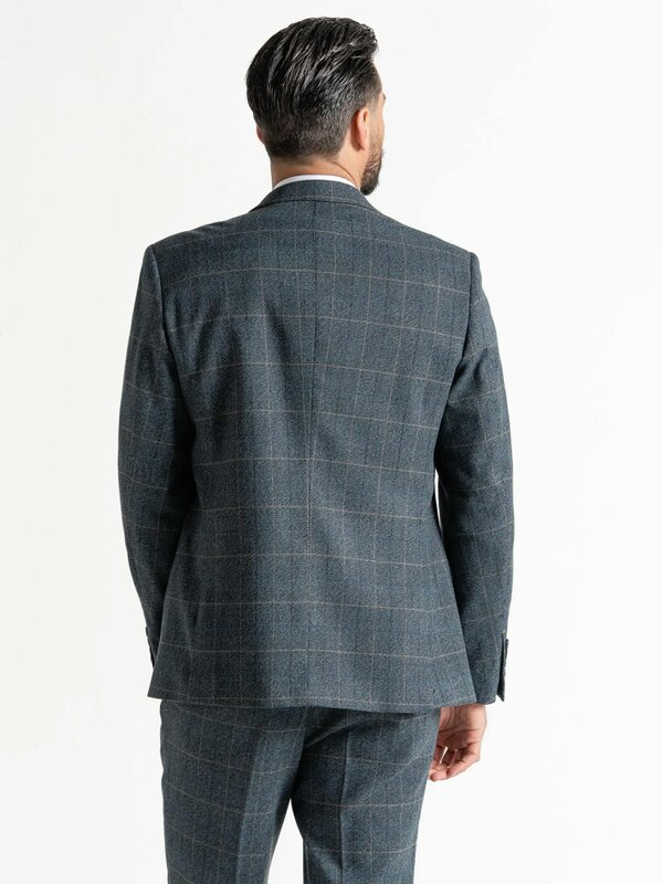 V2 Classic Kensignton Three Piece Suit - Blue Tweed With Orange Checks