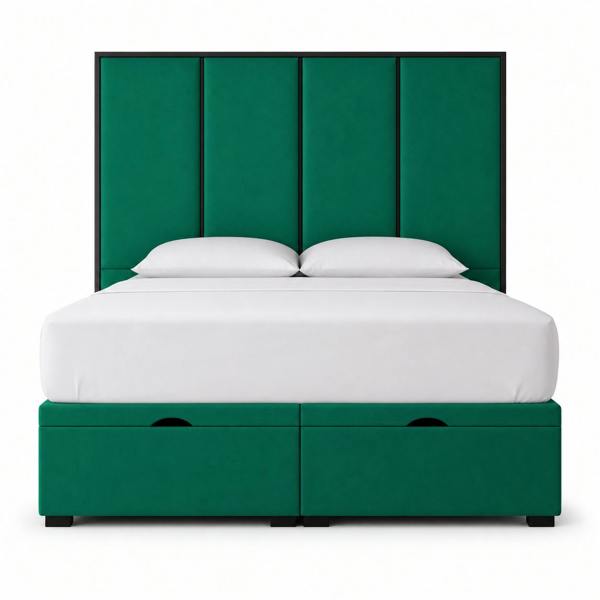 Great British Beds Emma Headboard with Contrast Border Divan Ottoman Bed - Green Plush