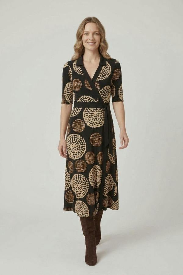 Black | Abstract 3/4 Sleeve Wrap Midi Dress