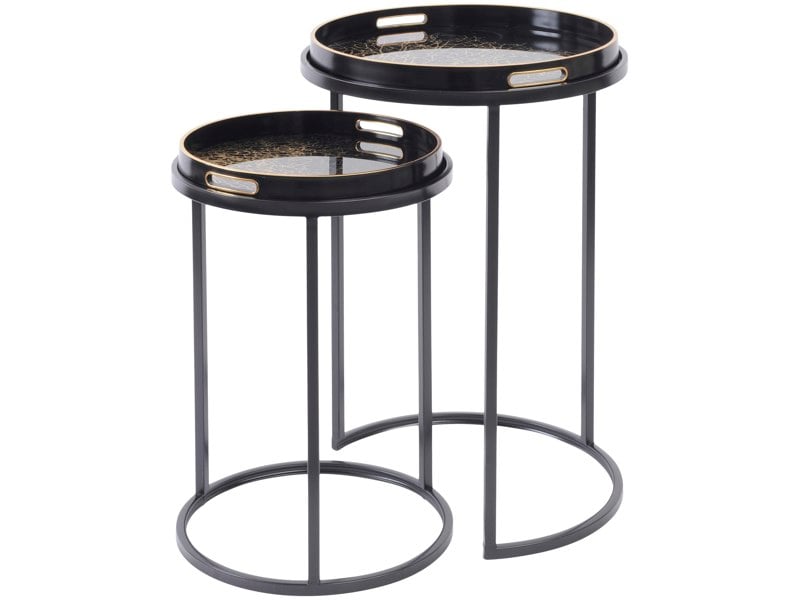 Libra Interiors Coral Design Set of 2 Side Tray Tables with Removable Tops - Black & Gold