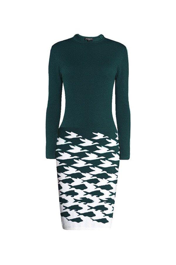 Sea & Sky forest green illusion houndstooth knitted jacquard dress