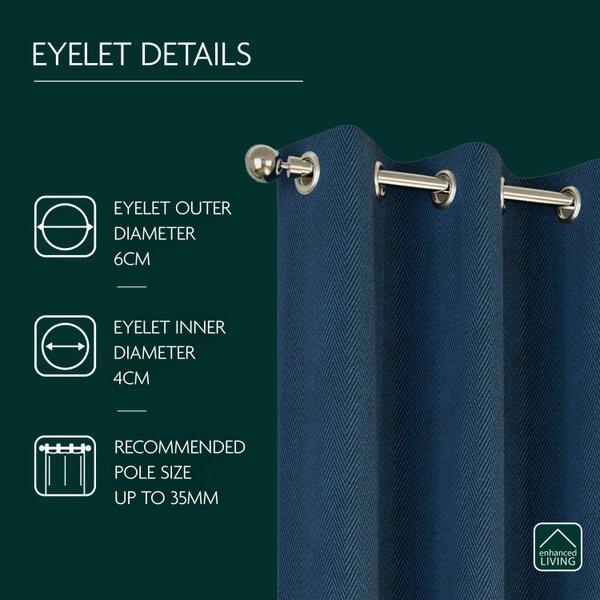Enhanced Living Navy Herringbone Jacquard Blackout Eyelet Curtains - Bedroom & Living Room