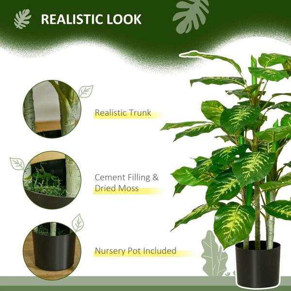 Faux rose plant with pots, realistic green leaves on black pot with multiple stems