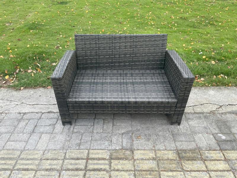 Fimous Wicker PE Rattan Garden Set, Adj Height Table Sofa Dining, Double Seat Sofa, 2 Big Footstools and Side Table, Dark Grey Mixed