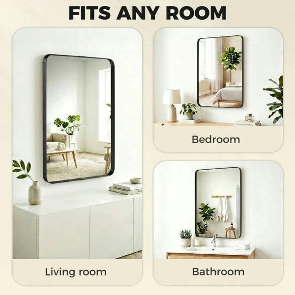 Rectangular Wall Mirror, 90 x 60 cm Wall Mounted Bathroom Mirror with Aluminium Alloy Frame and Tempered Glass, Black