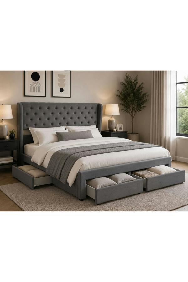 Groundlevel Westbury Velvet Upholstered Bed Frame With Storage Drawers - Grey