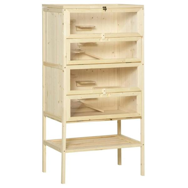 Natural wood 4-tier hamster cage with open front windows and tall bottom shelf