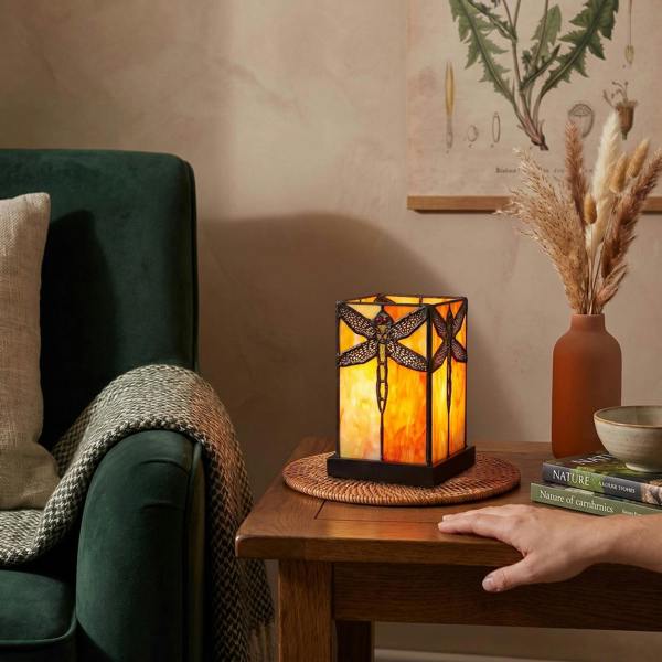 Orange Amber Toned Tiffany Stained Glass Lamp with Dragonfly Decor Image 6