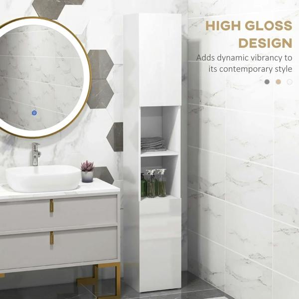 White high-gloss bathroom cabinet with open door revealing shelves for toiletries