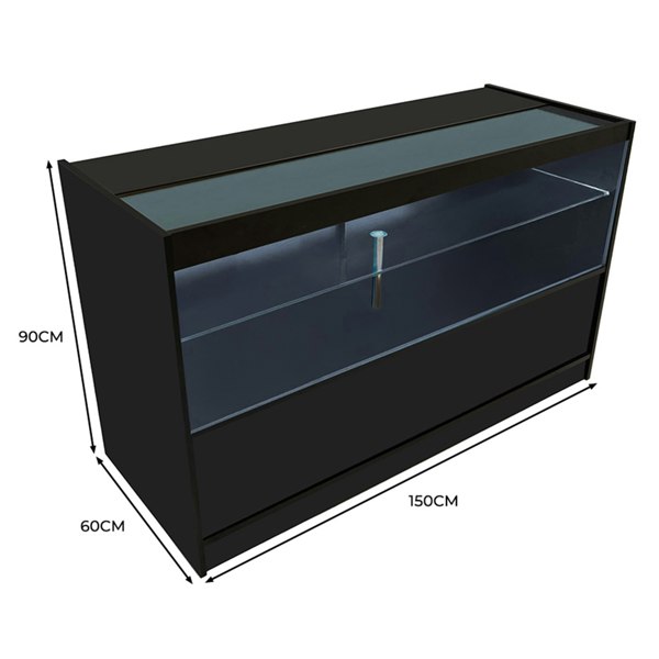 LED retail shop counter in sleek black, featuring a glass top, illuminated display area, and spacious storage beneath, measuring 150x60x90 cm