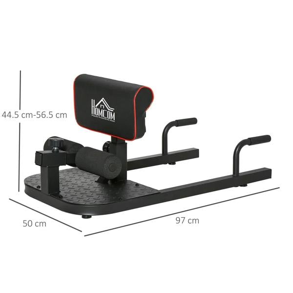 Adjustable black hip thrust bench with padded backrest and push-up handles