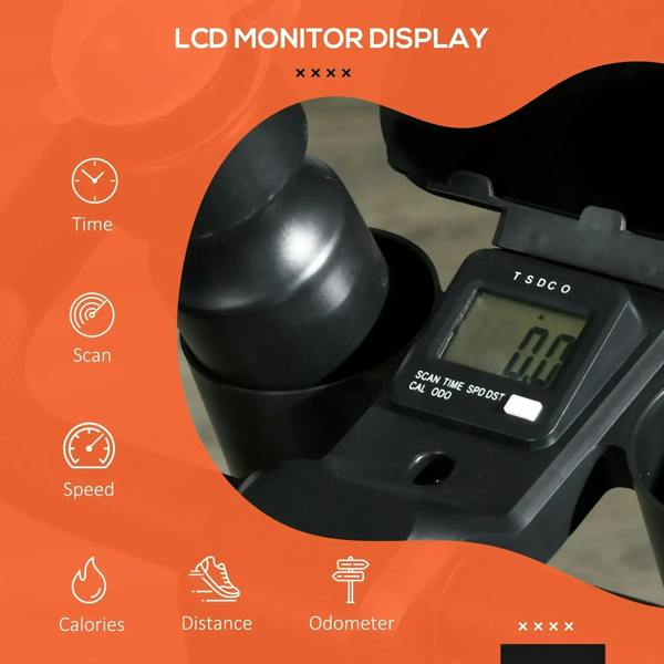 LCD monitor display on black bike console showing scan, speed, time, calories, distance