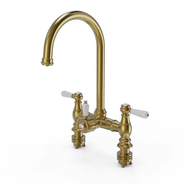 Flode klas | Traditional Bridge Style 3 in 1 Instant Boiling Tap | White Ceramic Levers | Brushed Gold Finish