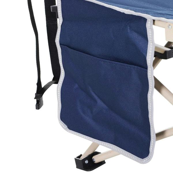 Blue folding camping cot side pocket with black strap and white piping on navy fabric