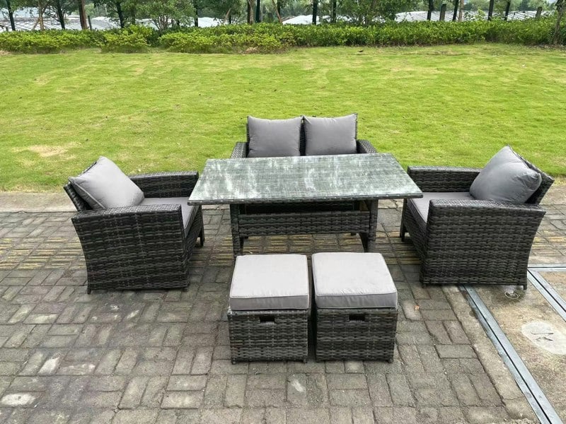 Fimous 6 Seater Outdoor Dark Grey Mixed High Back Rattan Sofa Double Sofa Dining Table Set Garden Furniture Stools