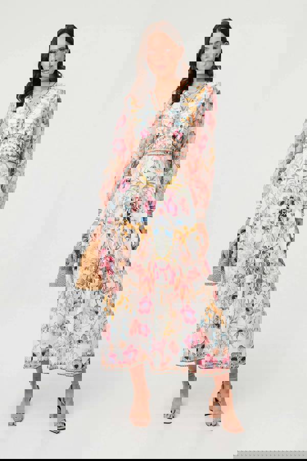 Pink | Floral Border Print V-Neck Maxi Dress