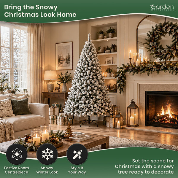Flocked Woodcote Spruce Artificial Christmas Tree with Snow, 2.1m (7ft) Tall, 1072 Tips, Hinged Branches, 127cm Diameter, Metal Stand Included