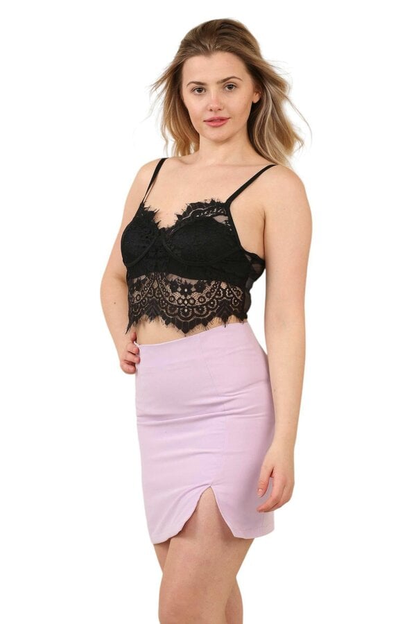 Elaina Fashion Women's Lilac High Waist Mini Skirt with Side Slit - Slim Fit Short Pencil Skirt - Lilac - 95% Polyester & 5% Elastane