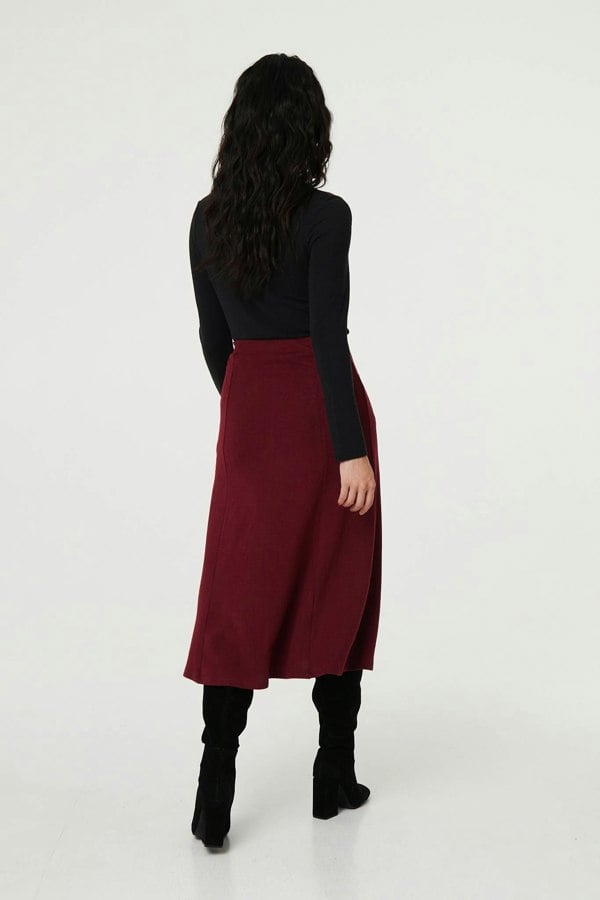 Red | Buttoned High Waist A-Line Midi Skirt
