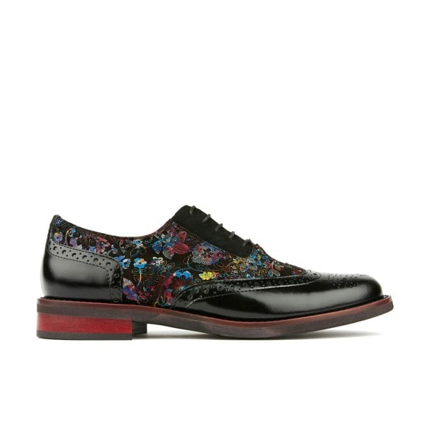Embassy London Vivienne - Black Flower - Women's almond toe lace up leather oxfords with broguing