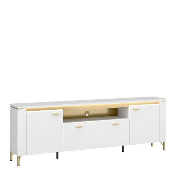 Wyld Haus Maribo White TV Cabinet 2 Door 1 Drawer Gold Metal Legs