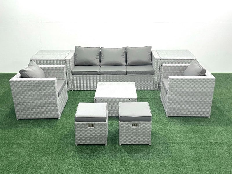 Fimous 7 Seater Rattan Garden Furniture Set with 3 Seater Sofa 2 Chair Square Coffee Table 2 Small Footstools 2 Side Tables Light Grey Mixed