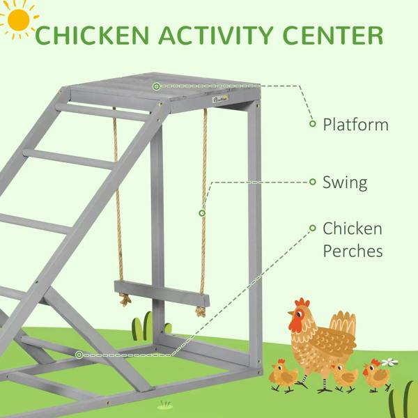 Grey wooden chicken activity center toy with platform and swing, ladder on top frame.