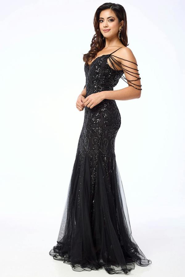 LuvForever Alora - Black Jewelled Shoulder Sequin Maxi Dress
