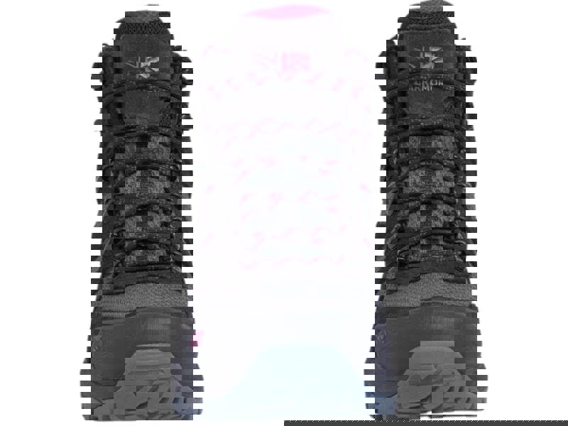 Karrimor Bodmin Mid 6 Womens Walking Hiking Trekking Boots, front view of black and purple hiking boots with laces and rugged sole design.