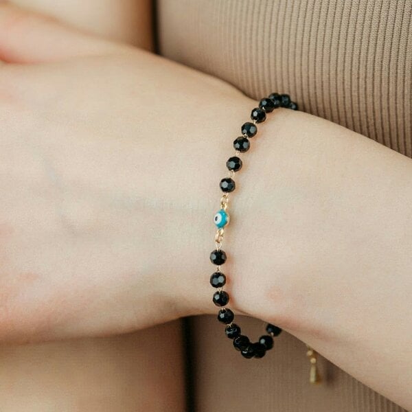 The Colourful Aura Gold Plated Evil Eye Charm Mangalsutra Black Beaded Indian Nazar Bracelet