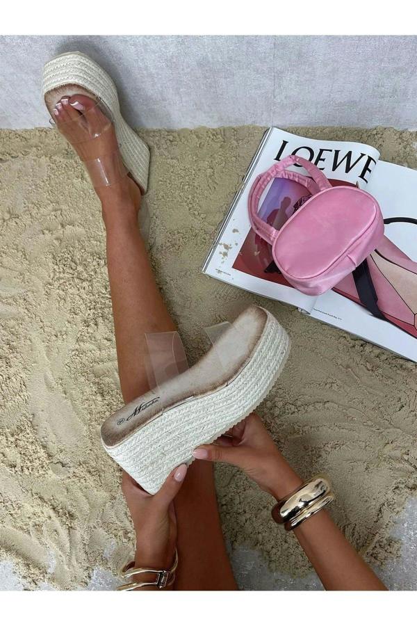 Arissa Transparent Double Strap Platform Wedge Heels - Beige
