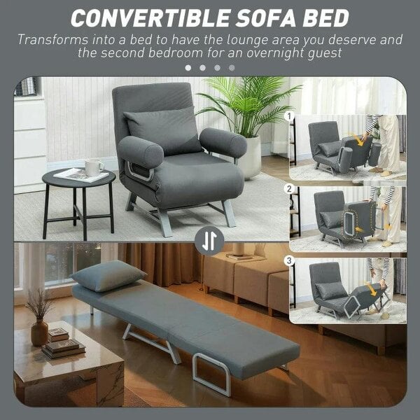 Single Sofa Bed, 3-in-1 Convertible Folding Chair Bed with Adjustable Backrest, Removable Armrests, Dark Grey