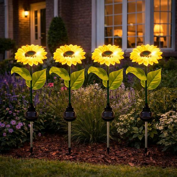 Gardenwize Pack of 4 Solar Sunflower Stake Lights – Warm White LED Garden Lights
