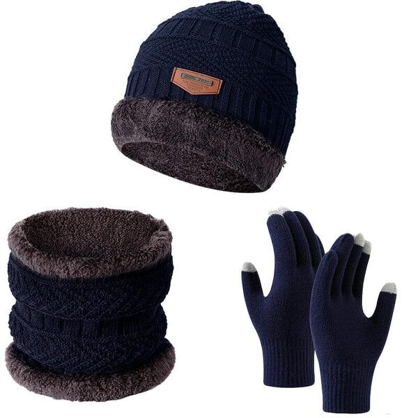 Obasyhig Fleece-Lined Knitted Winter 3-Piece Set - Navy Blue - Style 3