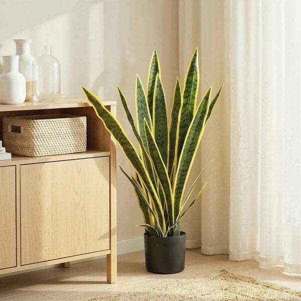 Bobobiy Artificial Snake Plant 21 Variegated Leaves Fake Plant in Pot Indoor Outdoor Decor Green - Green