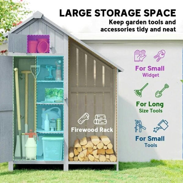 Garden Outdoor Storage Shed 3 Shelves Tilt Roof w/ Firewood Rack Log Carrier, 129L x 51.5W x 180H cm