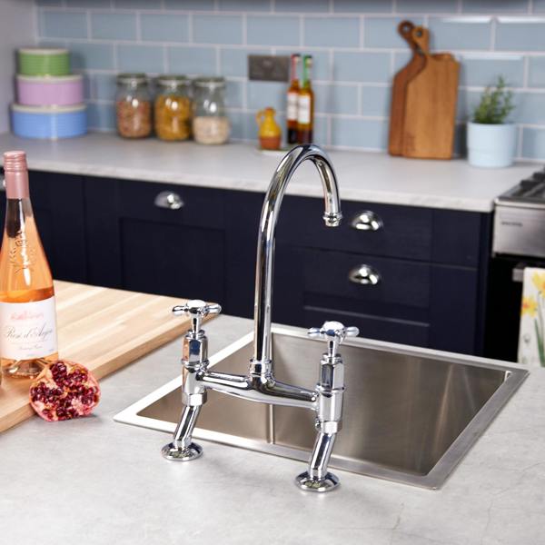 Flode Larvik | Kitchen Crosshead Bridge Mixer Tap | Polished Chrome Finish