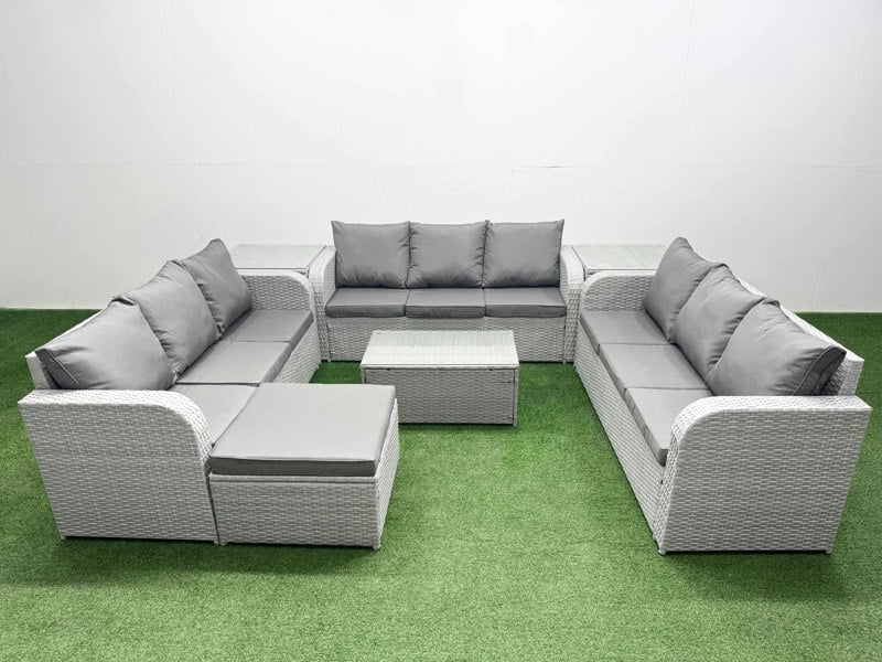 Fimous 10-Seater Light Grey PE Rattan Outdoor Lounge Set | Rectangular Coffee Table, 3-Seater Sofa, Large Footstool, 2 Side Tables
