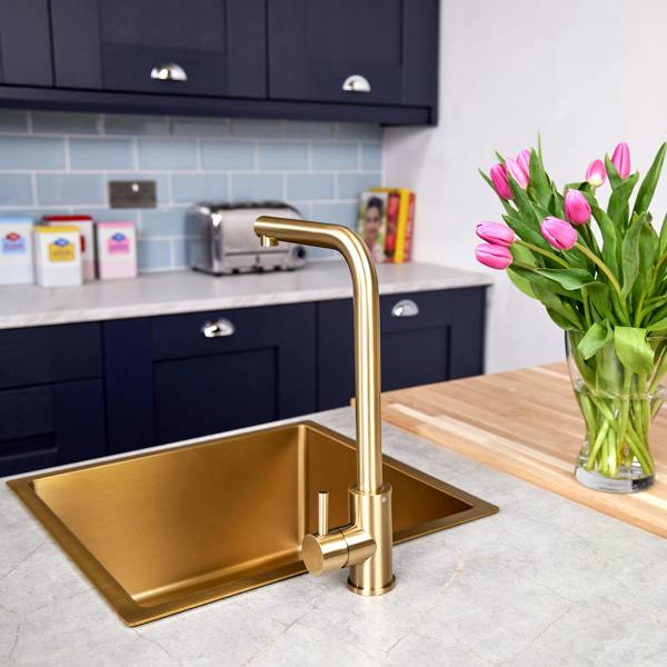 Flode Mjörn | Single Lever Kitchen Sink Mixer Tap with Swivel Spout | L Neck Design | Brushed Brass Finish