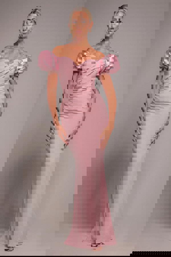 Puffy Satin  Sleeve Scuba Maxi Dress - Blush Pink DR4622